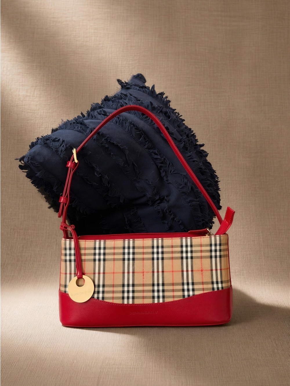 Burberry Beige Vintage Check Shoulder Bag with Red Leather Trim